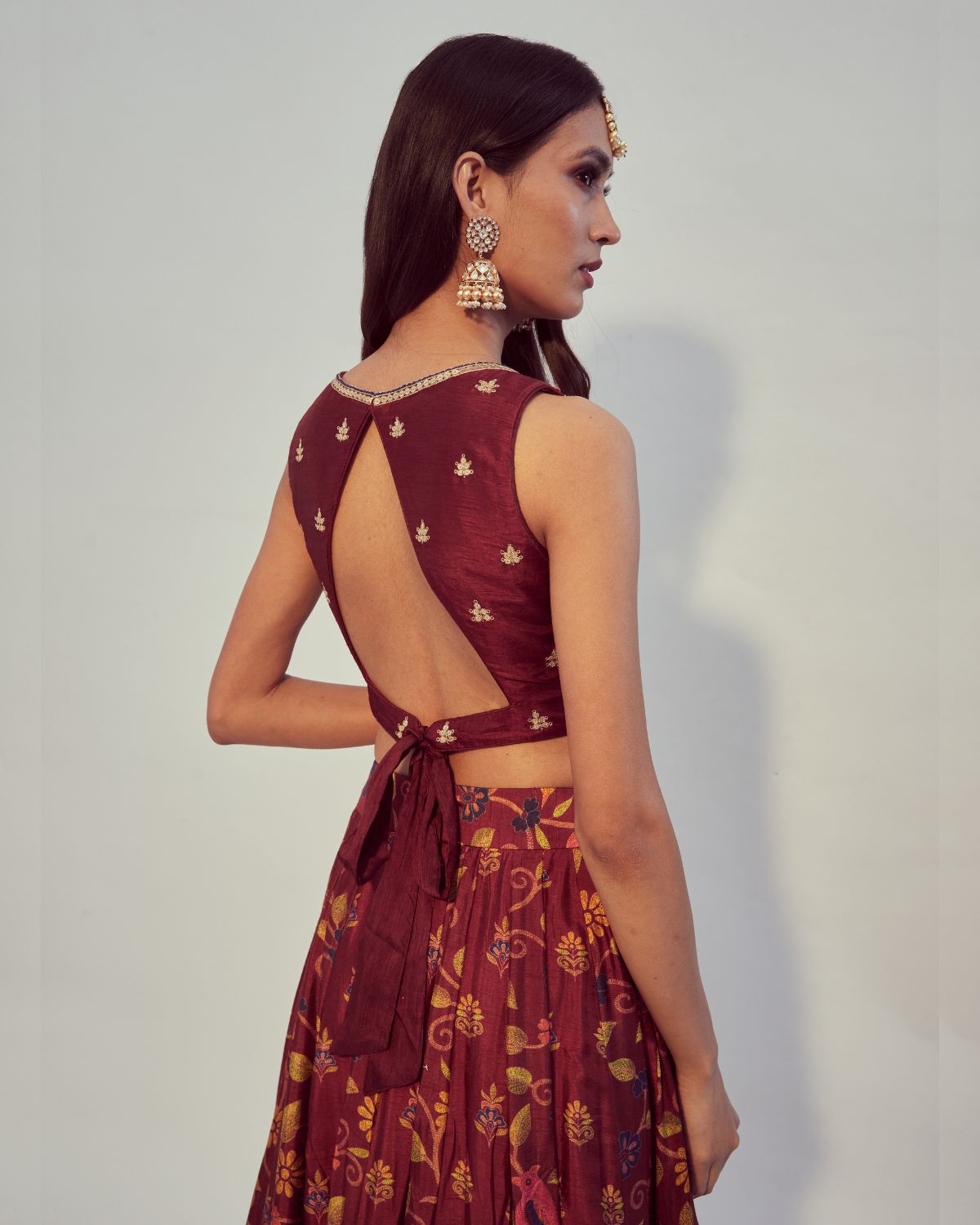 Maroon Floral Printed Lehenga Set by Drishti & Zahabia