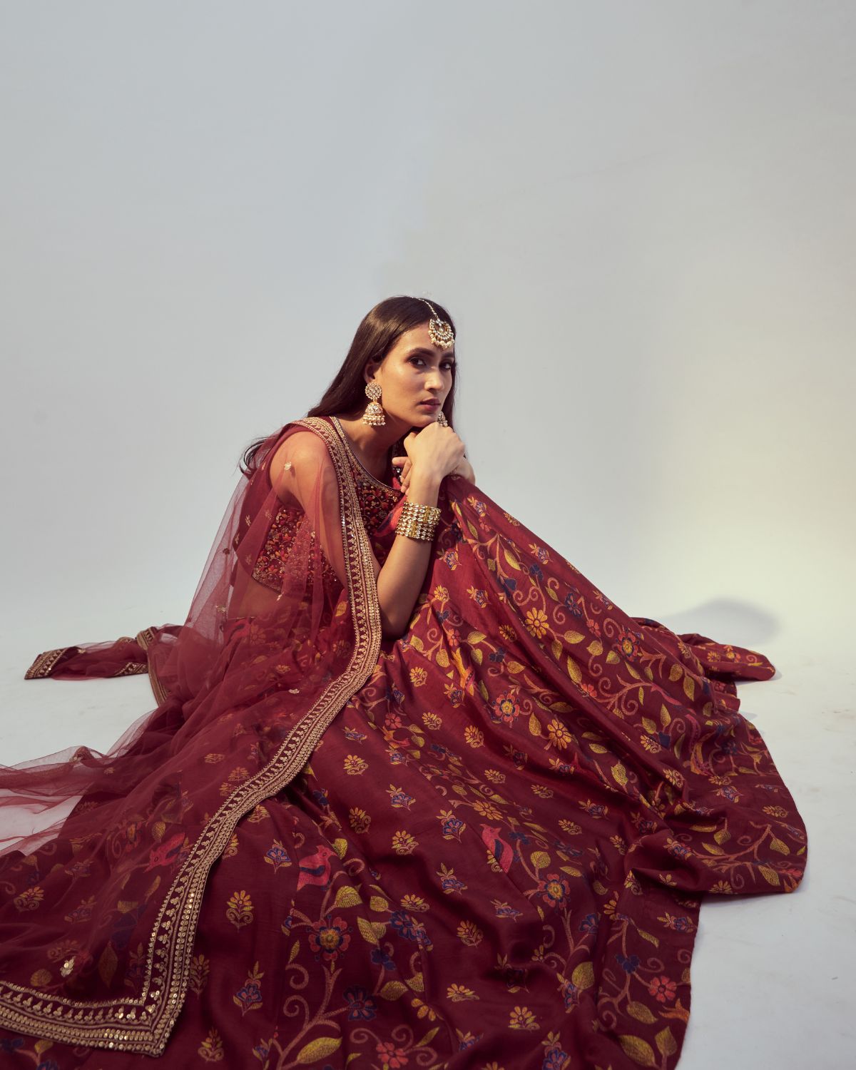 Maroon Floral Printed Lehenga Set by Drishti & Zahabia