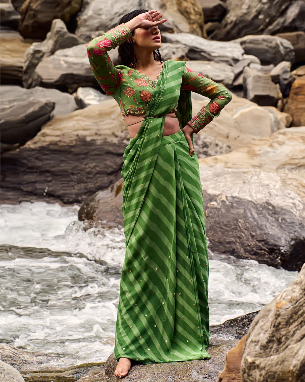 Fern Green Printed Pre-Draped Sari Set