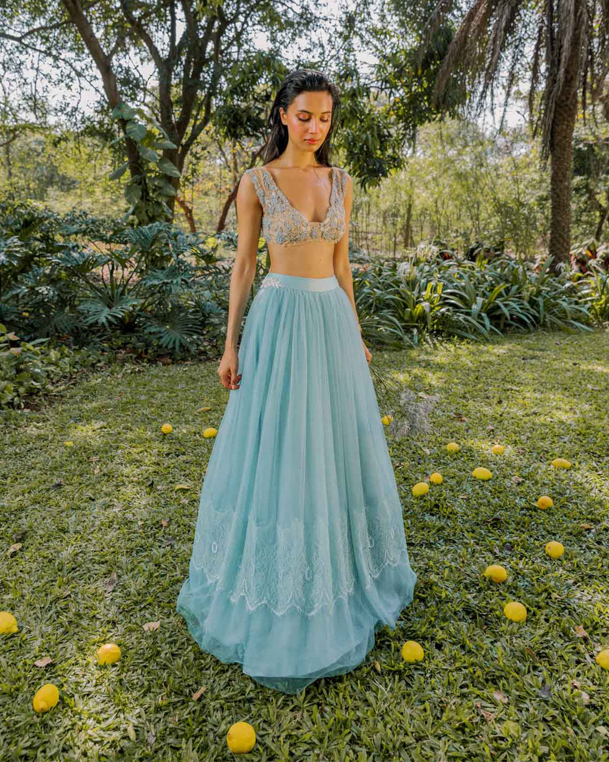 Baby Blue Lace and Flower Bralette Lehenga by The Little Black Bow