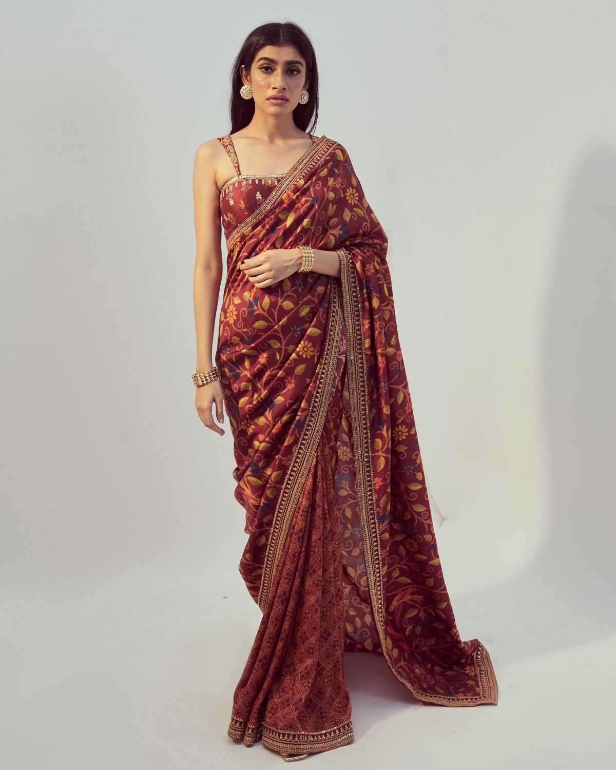 Maroon Floral Printed Sari Set by Drishti & Zahabia