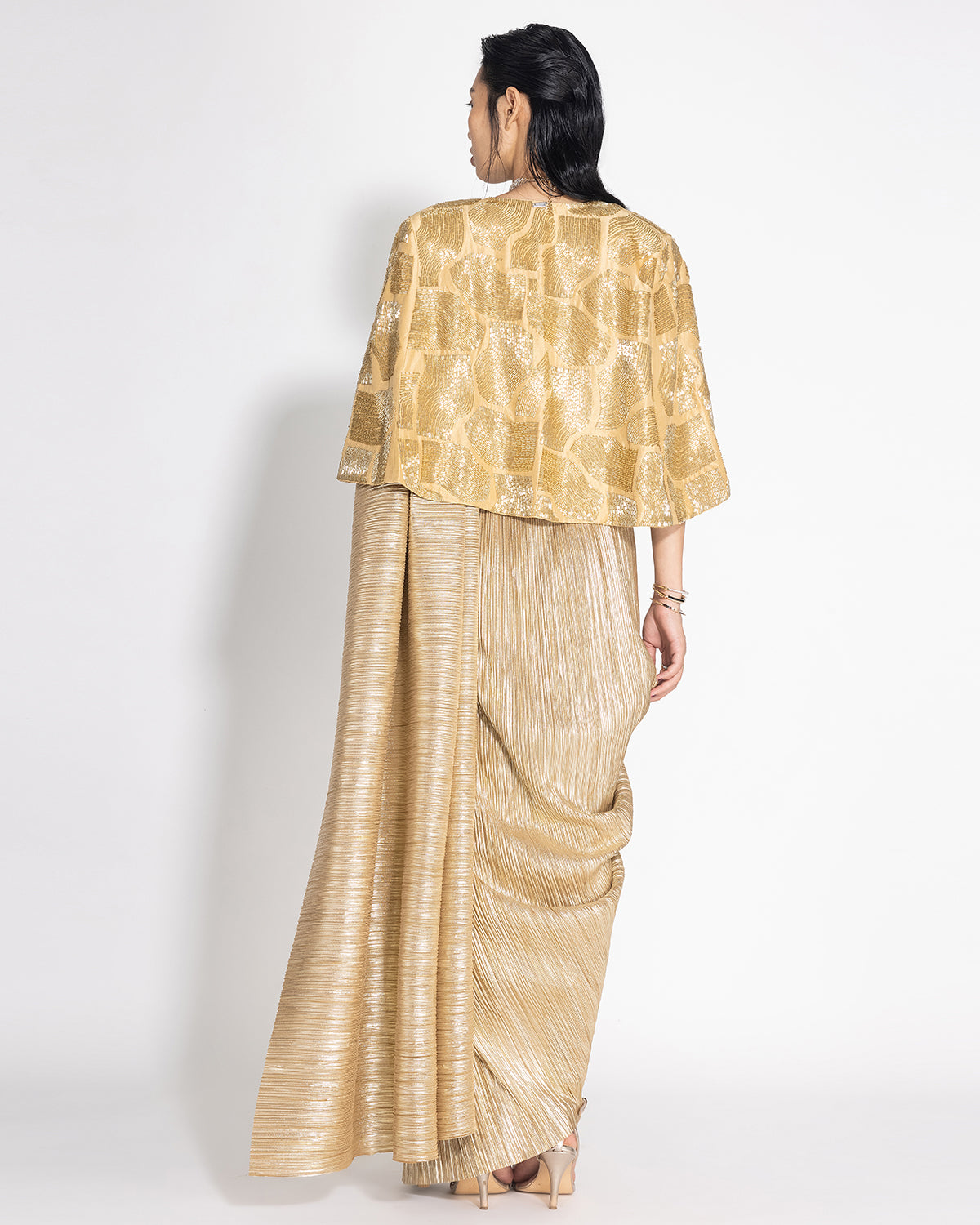 Metallic 2.0 Sari With Milkyway Crossover Top and Wave Cape