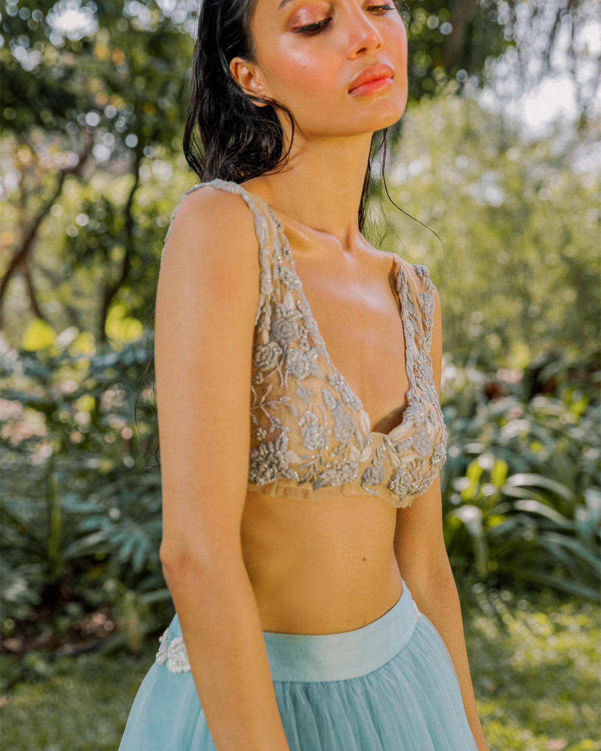 Baby Blue Lace and Flower Bralette Lehenga