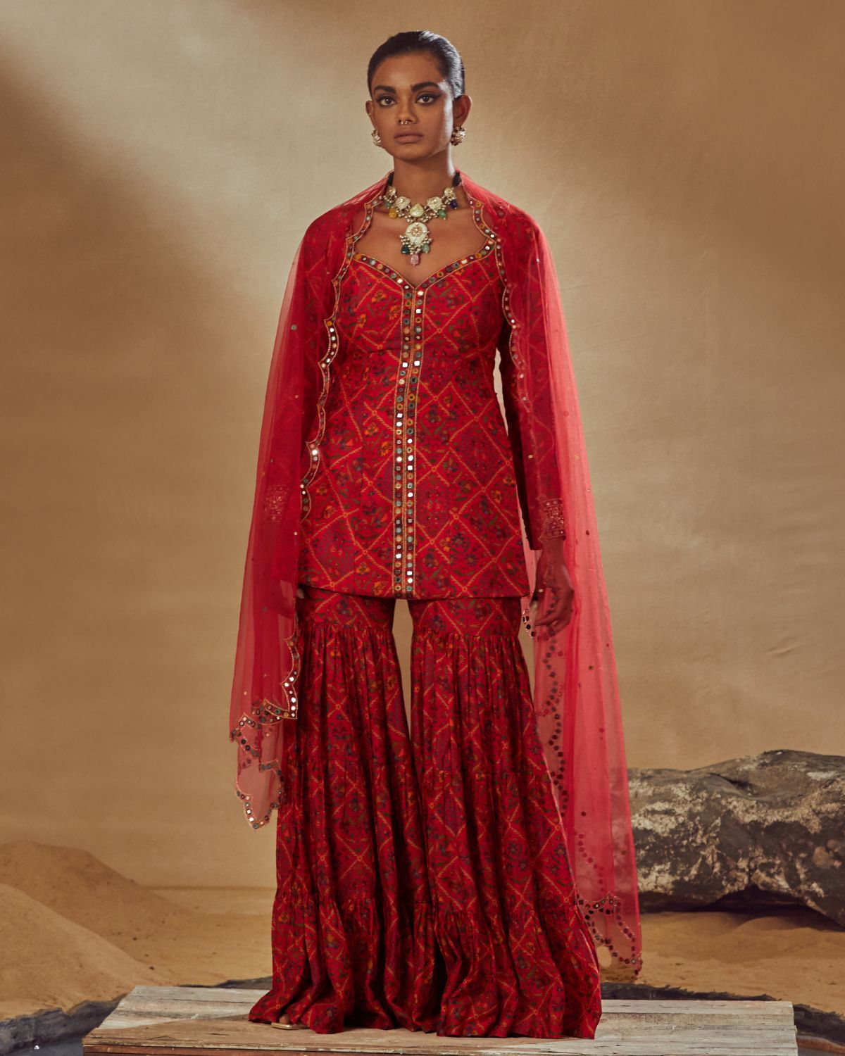 Red Printed Sharara Set by Drishti & Zahabia