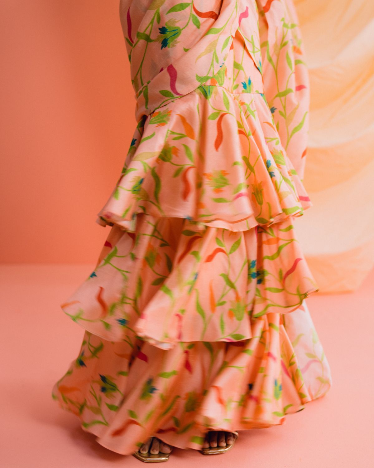 Peach Print Pre-Draped Ruffle Sari Set by Drishti & Zahabia