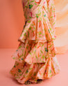 Peach Print Pre-Draped Ruffle Sari Set by Drishti & Zahabia