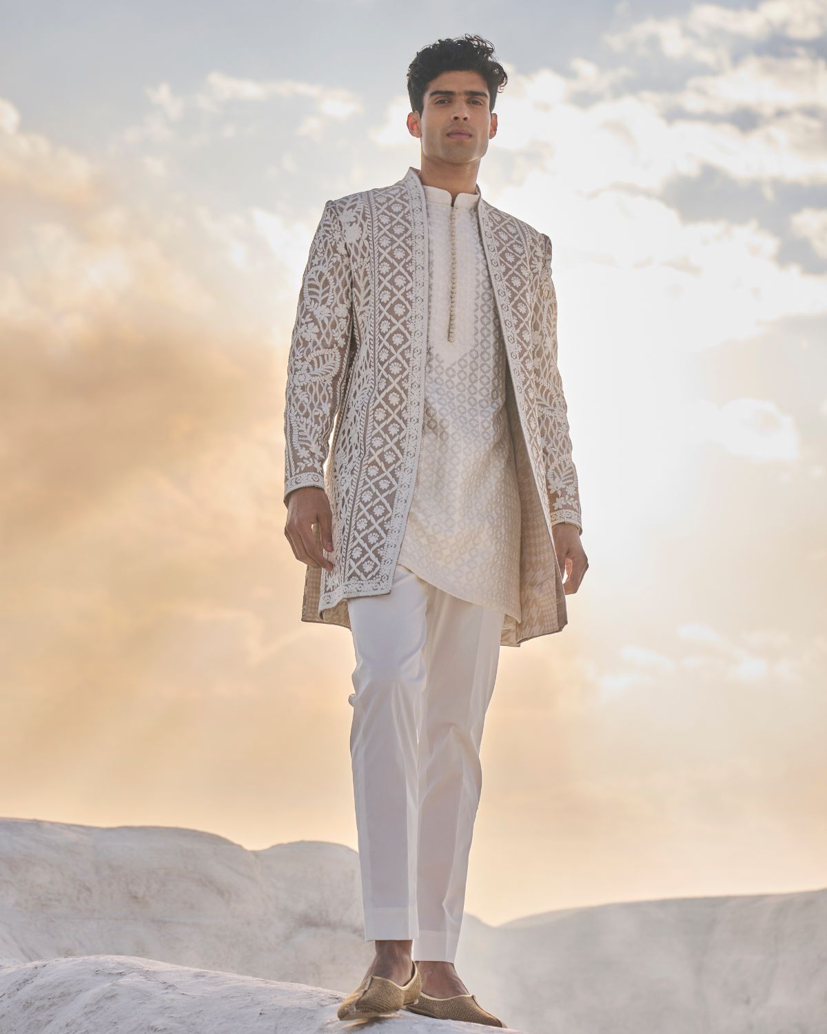 Nude Cream Open Sherwani Set