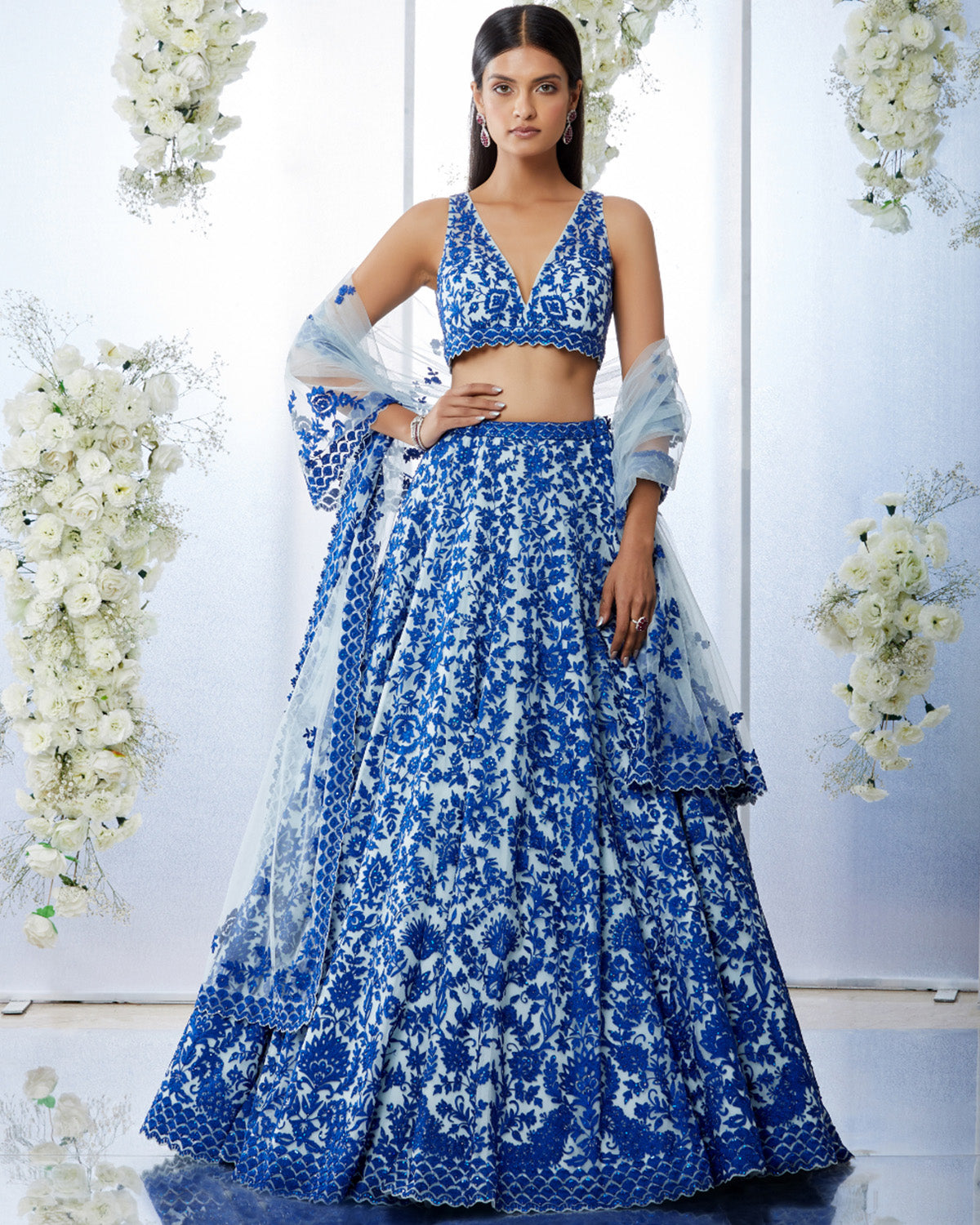 White and Blue Resham Embroidered Lehenga Set by Seema Gujral at KYNAH