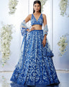 White and Blue Resham Embroidered Lehenga Set by Seema Gujral at KYNAH