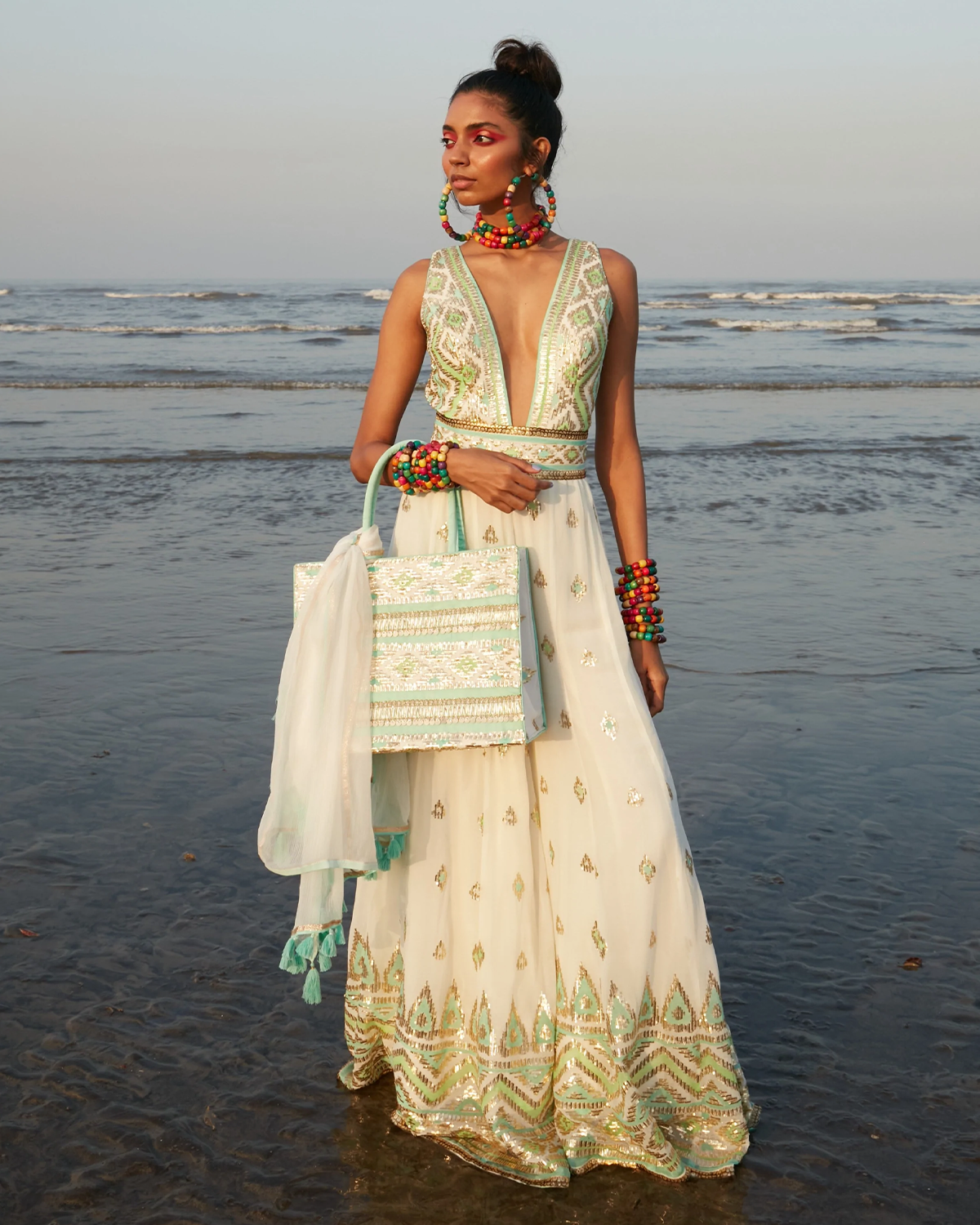 White Ikat and Sequins Geometric Embroidered Jumpsuit by Gopi Vaid at KYNAH