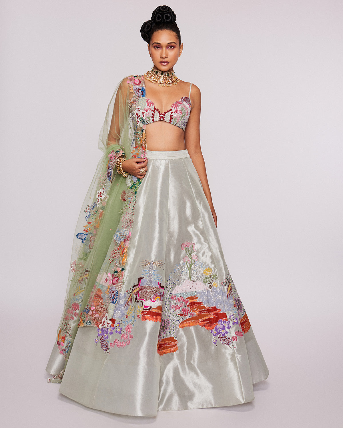 Ivory Divergence Floral Embellished Lehenga by Aisha Rao at KYNAH