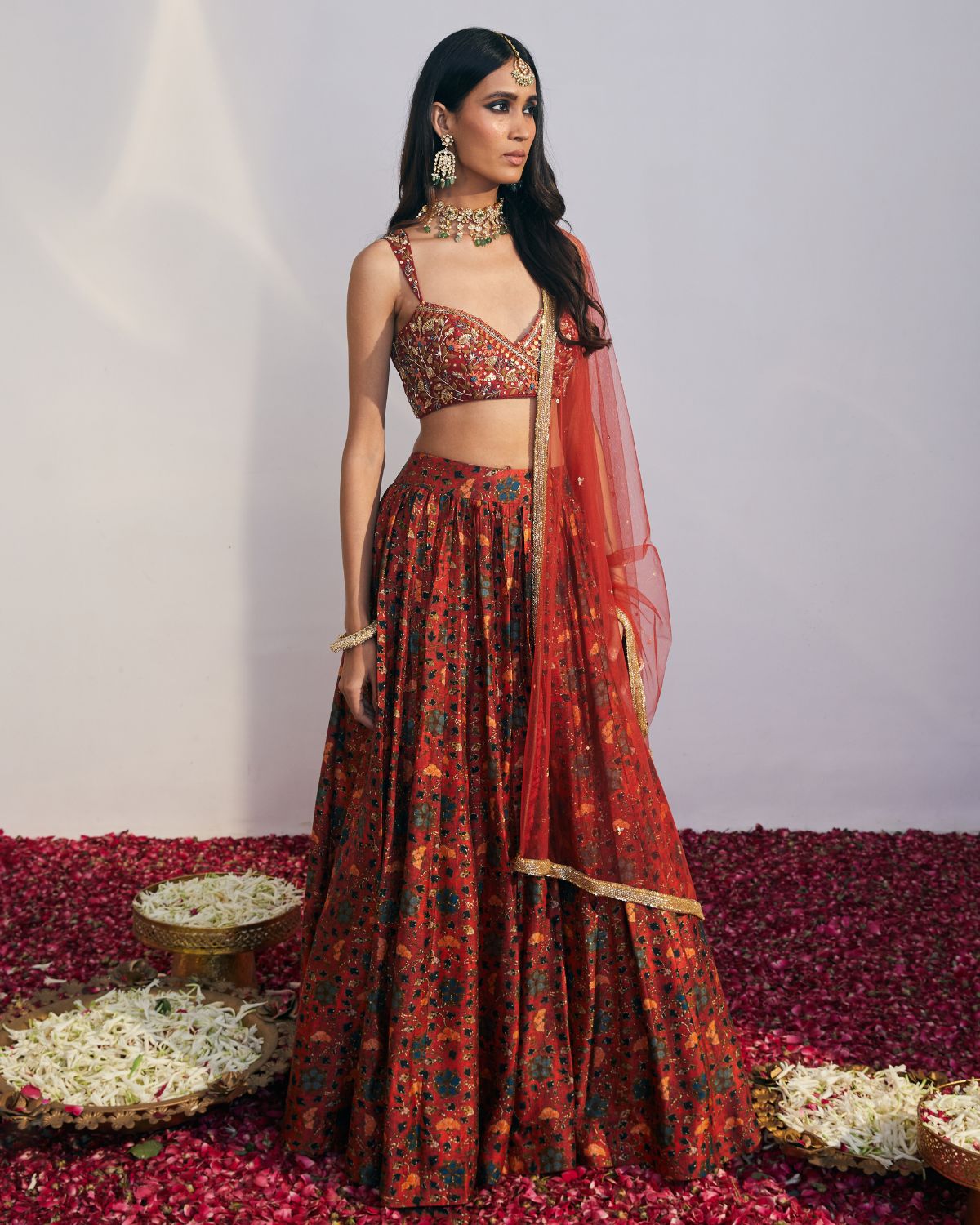 Cherry Red Printed Lehenga Set by Drishti & Zahabia