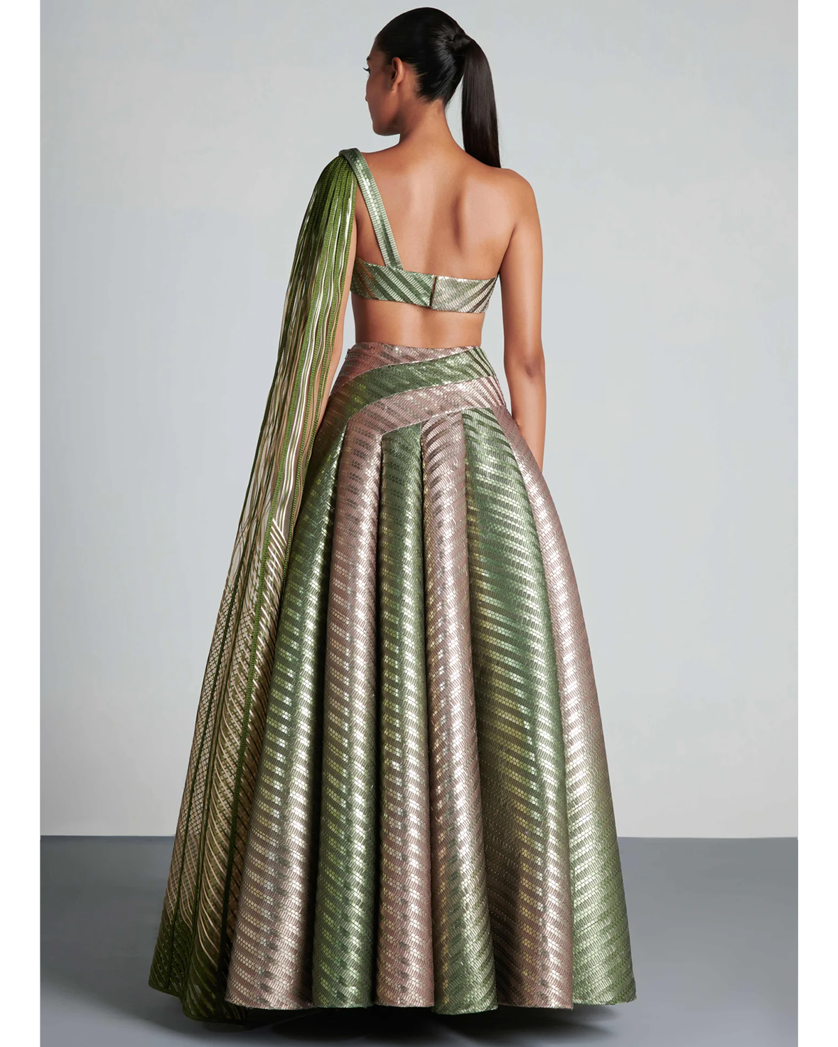 Olive Embroidered Woven Ombre Lehenga Set