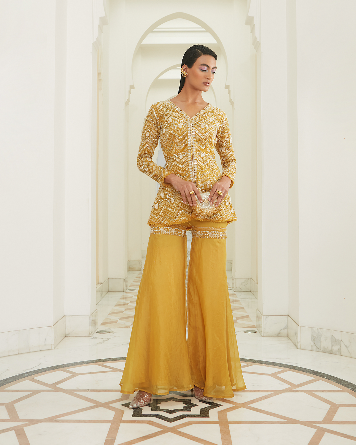 Sunrise Yellow Chevron Embroidered Jacket Set by Ridhima Bhasin at KYNAH