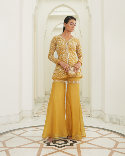Sunrise Yellow Chevron Embroidered Jacket Set by Ridhima Bhasin at KYNAH