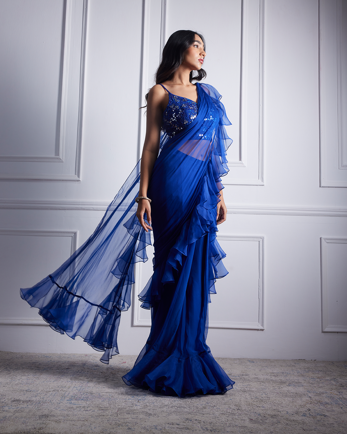 Blue Geometric Embroidered Ruffle Sari by KYNAH