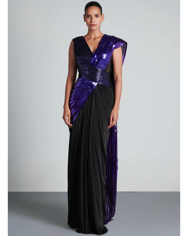 Black and Purple Woven Polymer Metallic Winged Sari by Amit Aggarwal at KYNAH