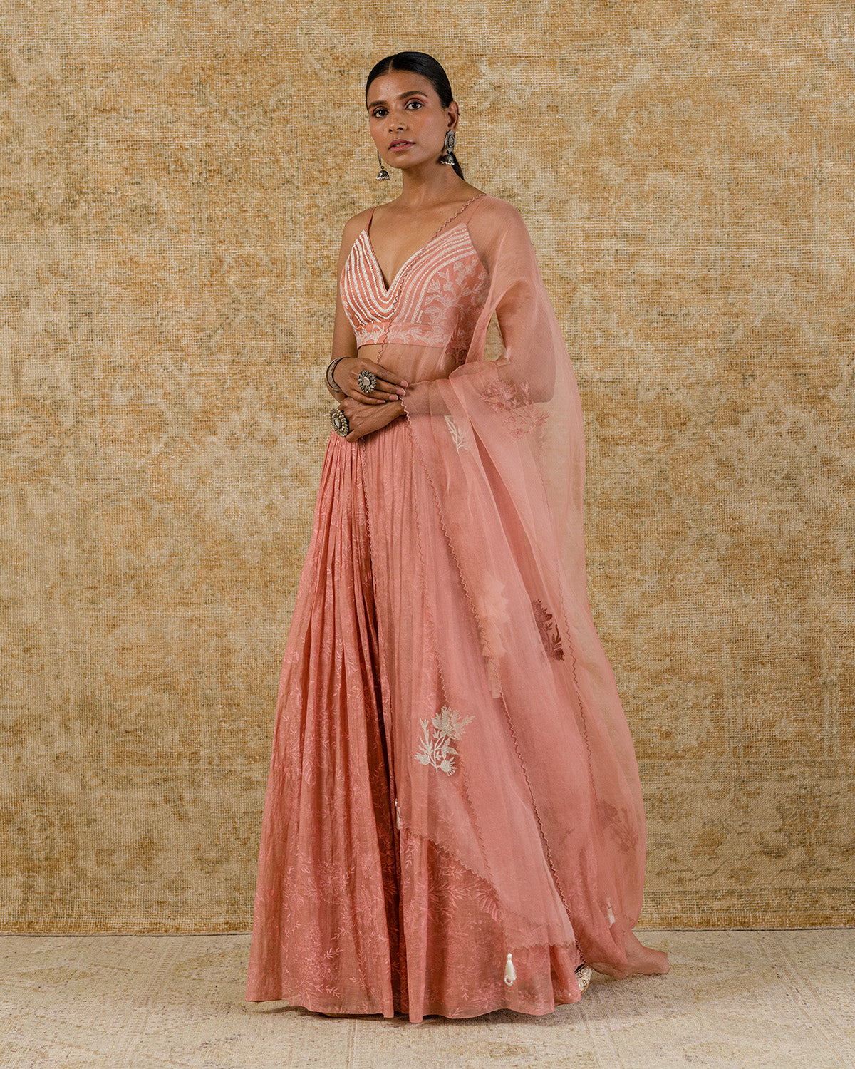 Blush Pink Chanderi Hand Block Printed Skirt Set by Devnaagri at KYNAH