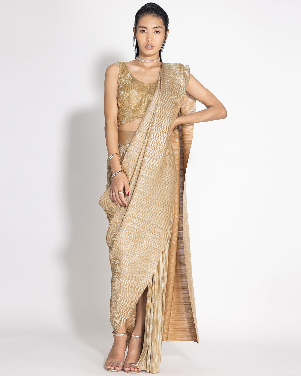 Metallic 2.0 Sari With Milkyway Crossover Top