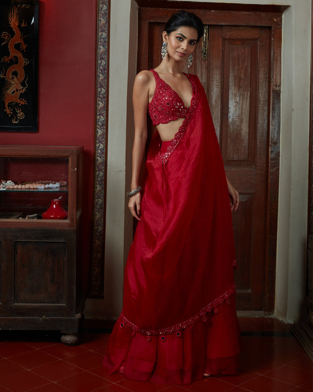 Red Organza Sharara With Hand Embroidered Drape Set