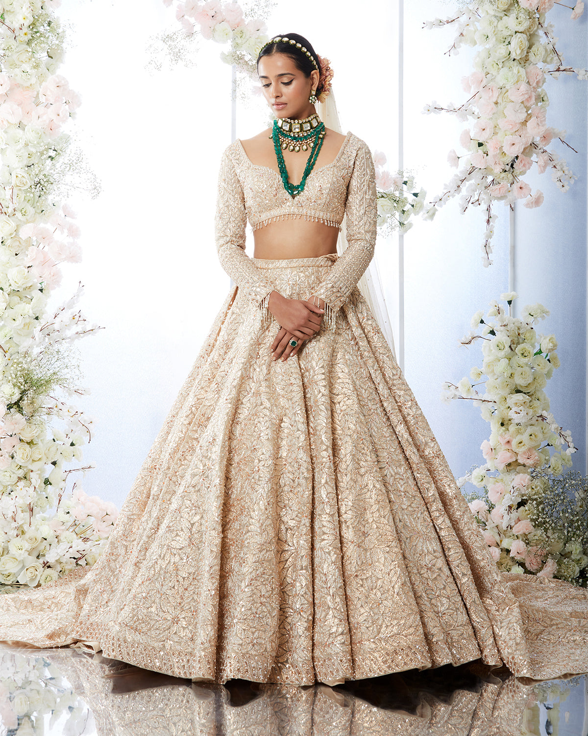Rose Gold Full Sleeve Gota Embroidered Lehenga by Seema Gujral at KYNAH