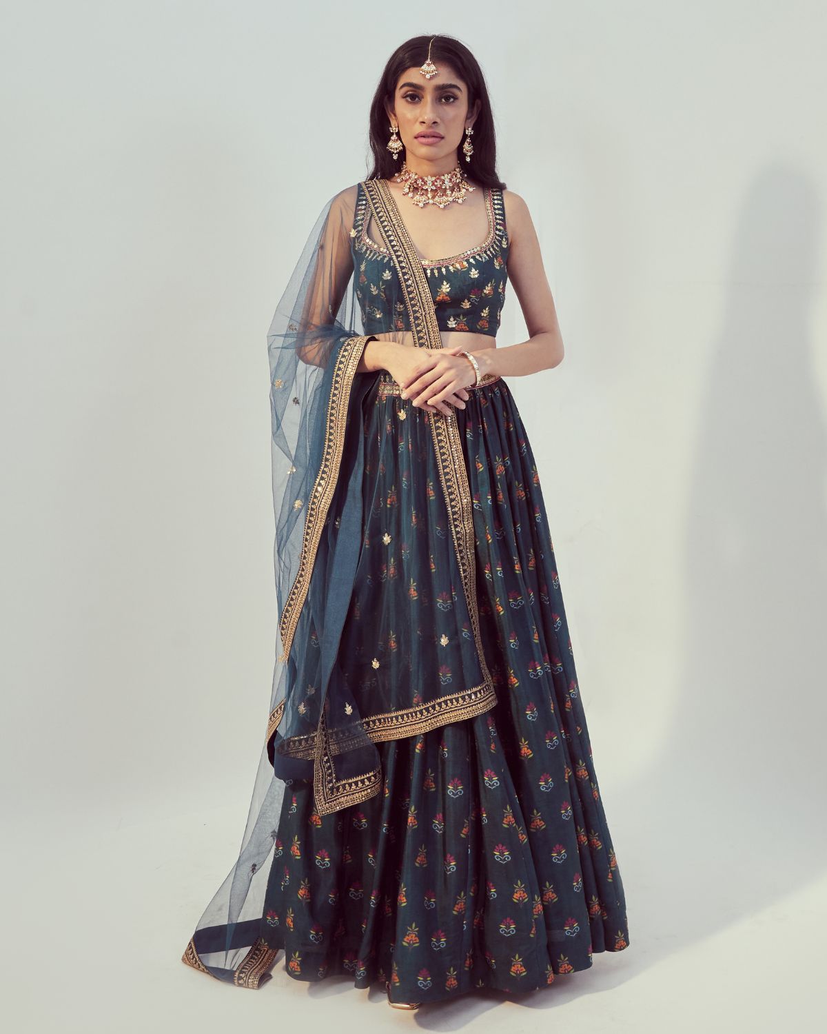 Teal Printed Lehenga Set by Drishti & Zahabia