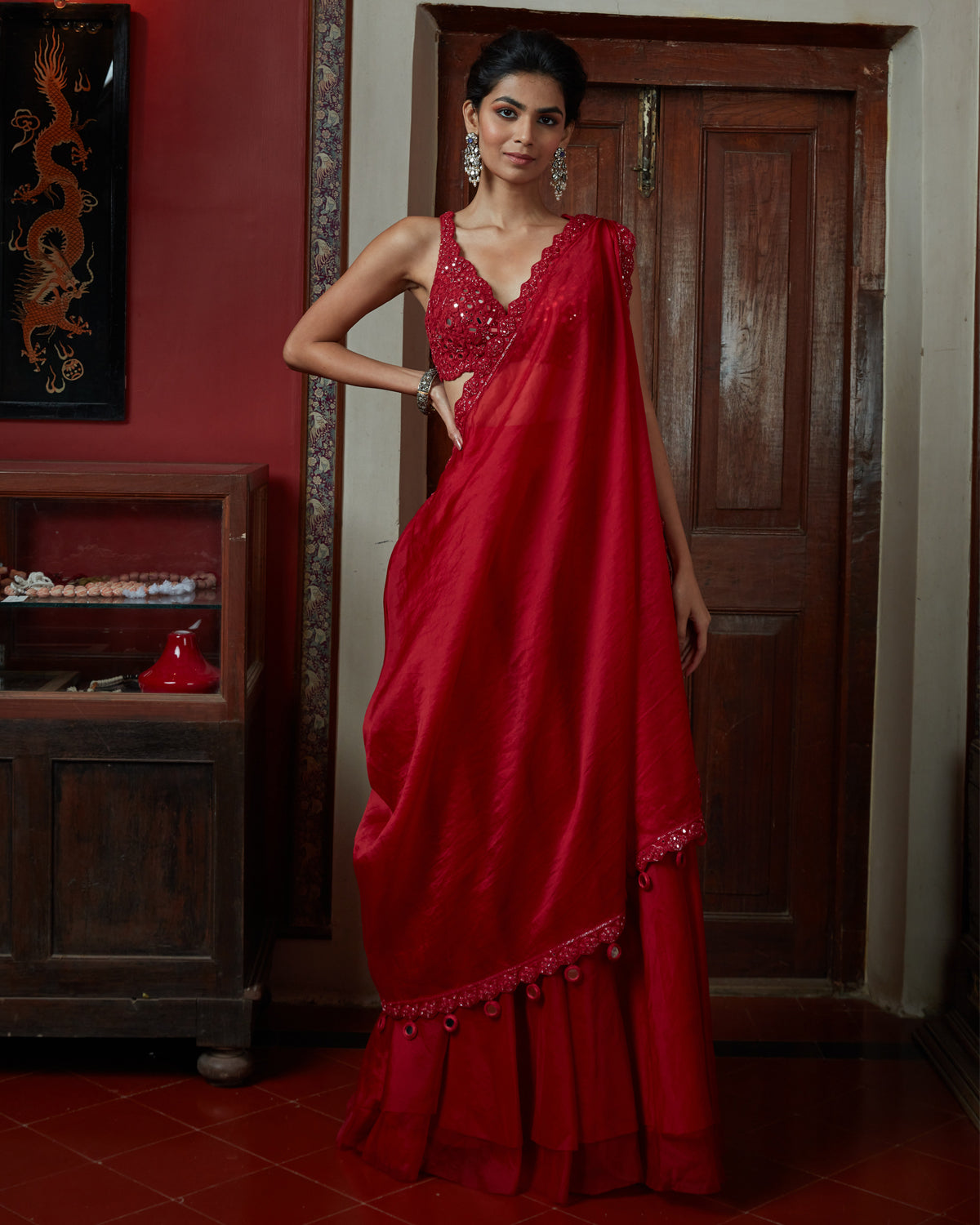 Red Organza Sharara With Hand Embroidered Drape Set