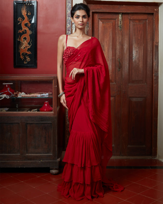 Red Hand Embroidered Blouse & Tiered Sari Set