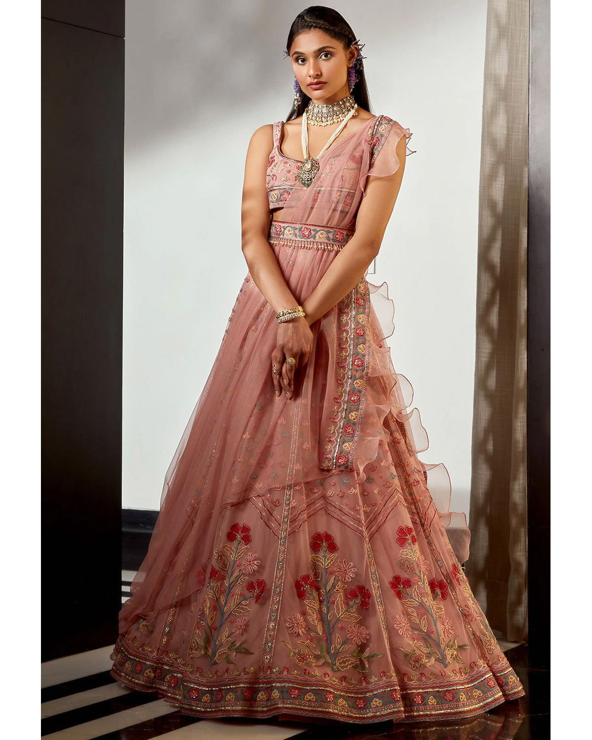 Pink Embroidered Floral Motif Belt and Lehenga Set by Ridhi Mehra at KYNAH