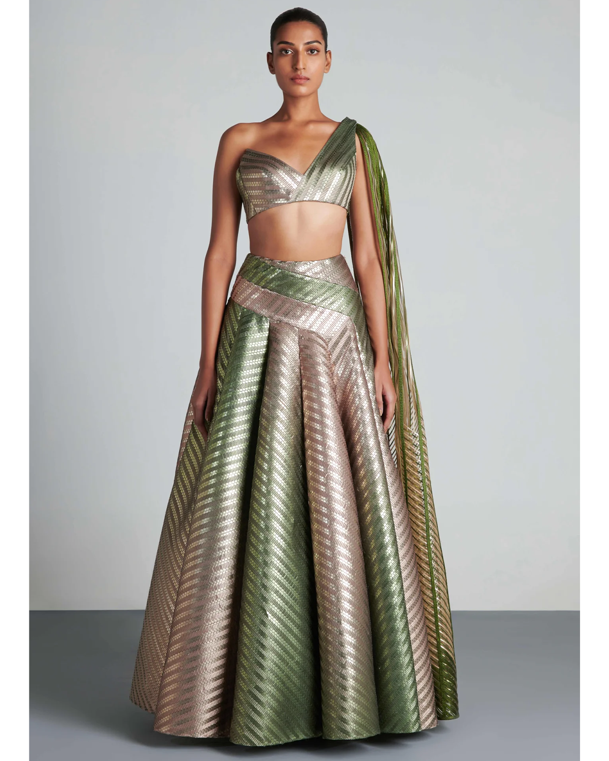 Olive Embroidered Woven Ombre Lehenga Set