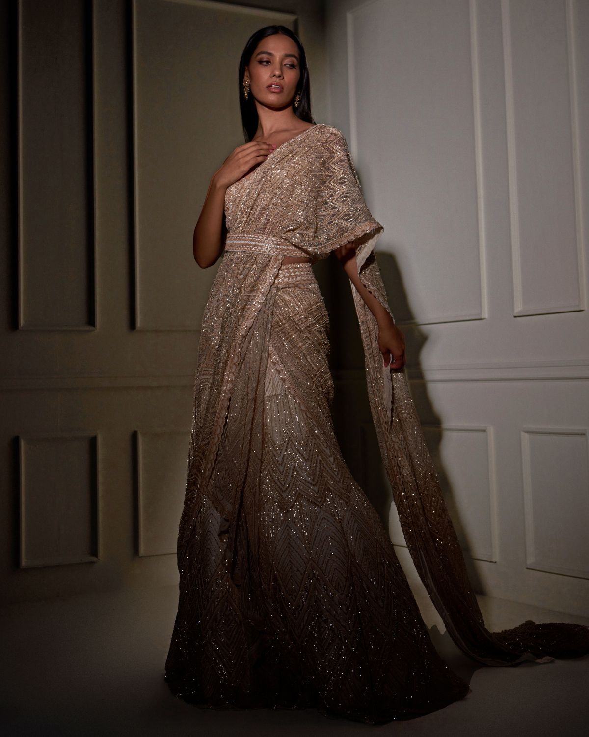 Chrome Gold Embroidered Lehenga Sari Set by Ritika Mirchandani