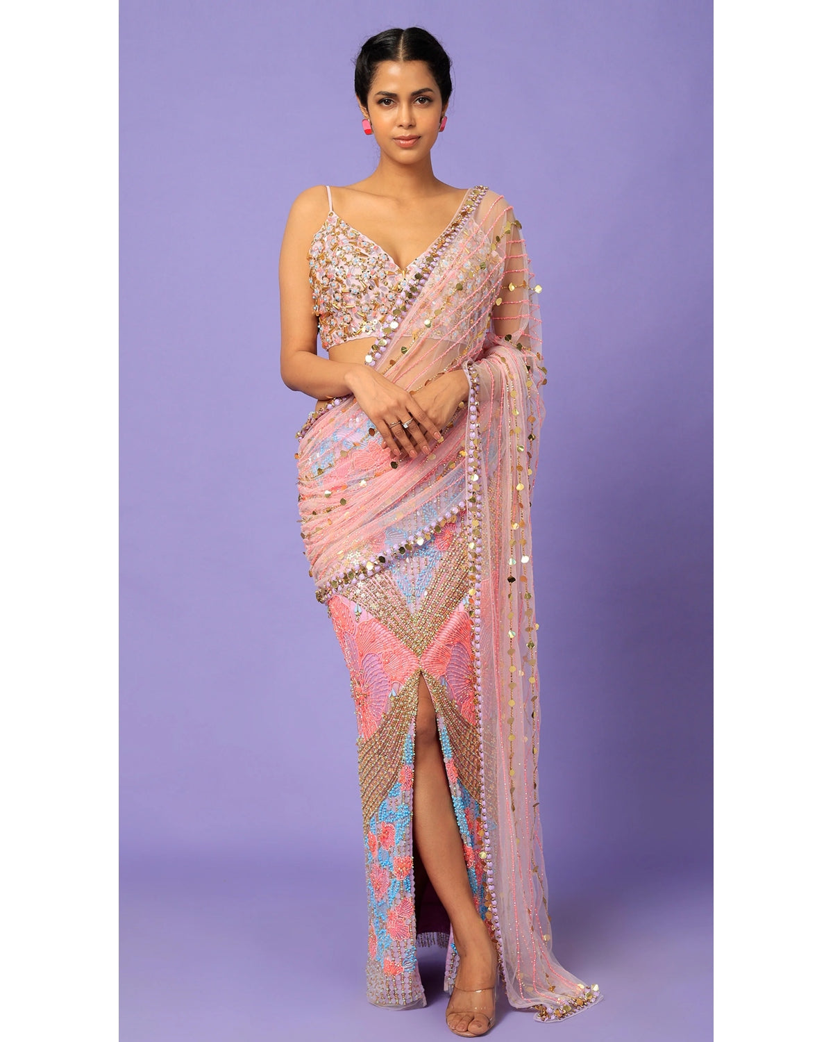 Blush Pink Pre-Stitched Sari Set by Papa Don't Preach