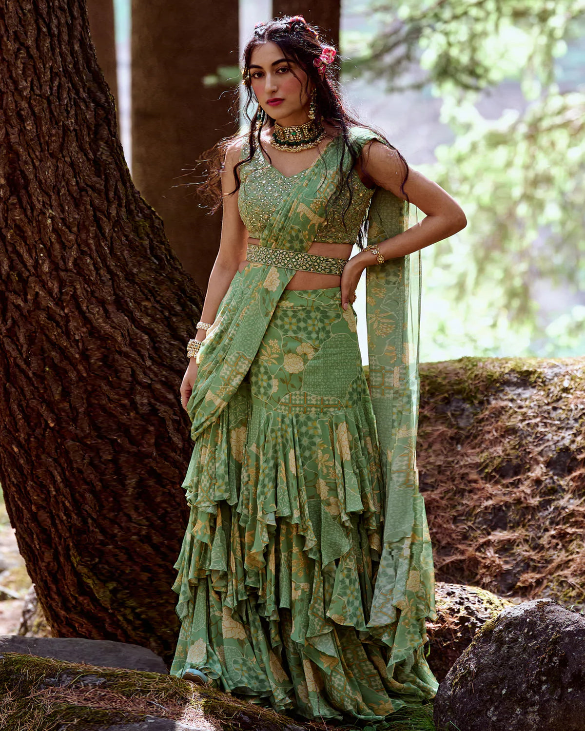 Fern Green Pre-Draped Sari Set