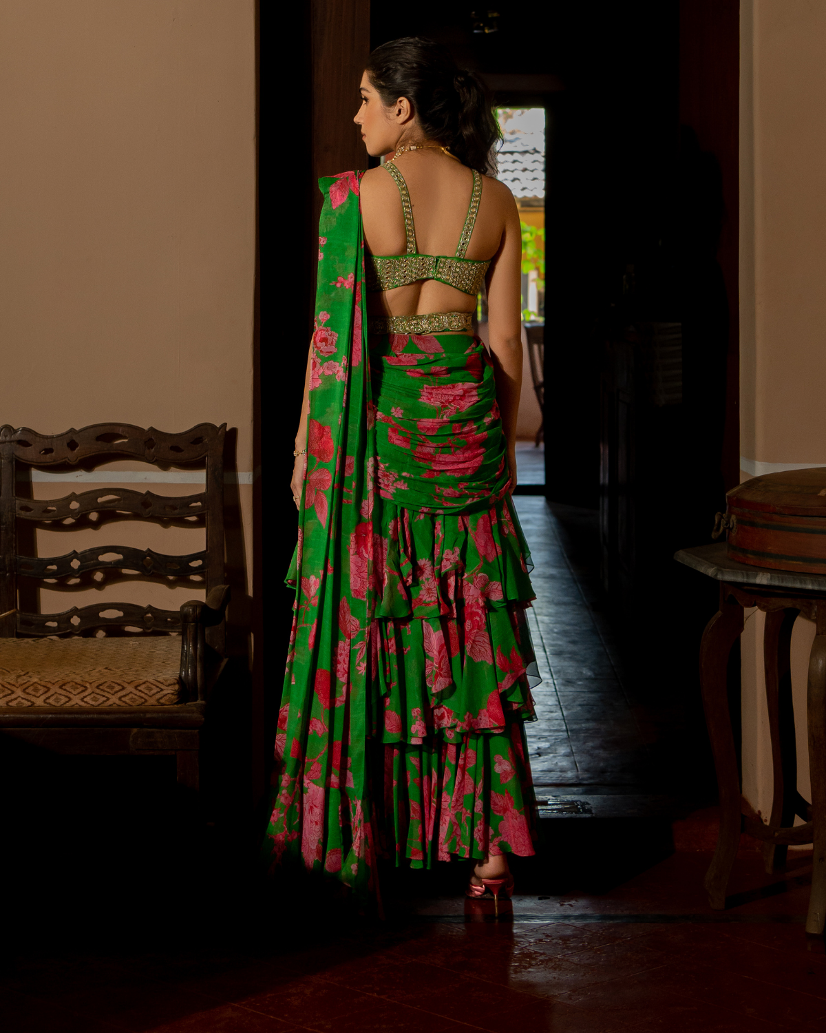 Green Full bloom Sari Set by Paulmi & Harsh