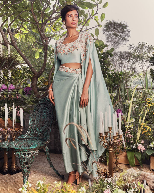 Green Chanderi Cape And Draped Skirt Set by Prisho