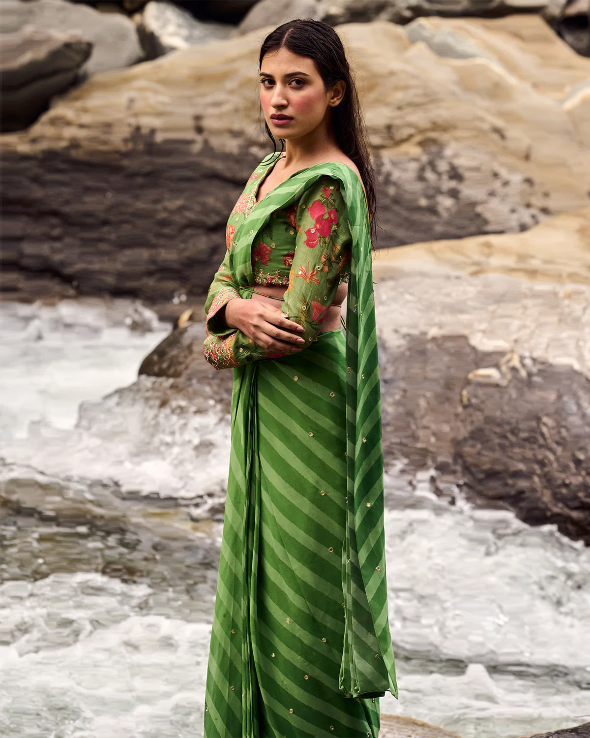 Fern Green Printed Pre-Draped Sari Set