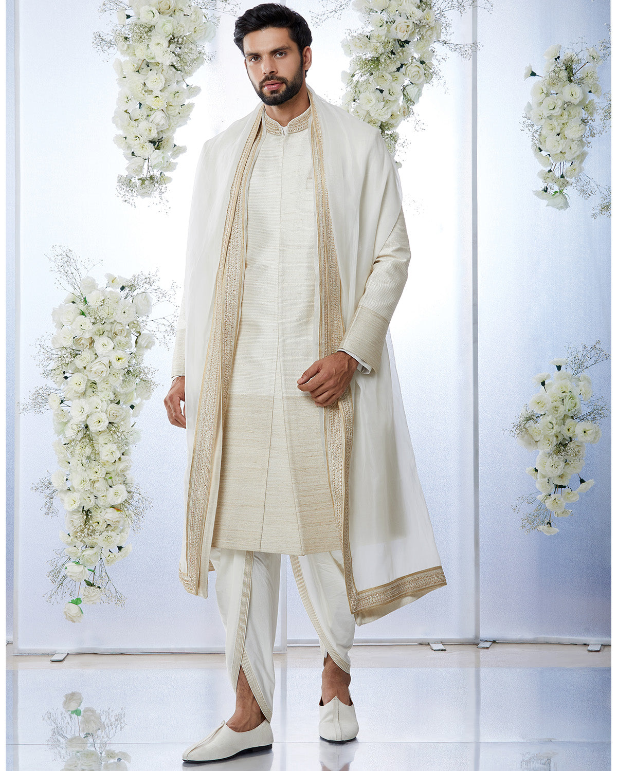 Cream and Gold Zari Sherwani Set by Seema Gujral at KYNAH