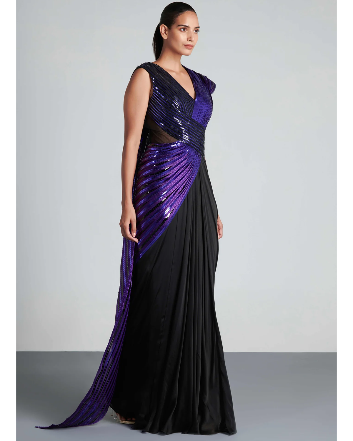 Black & Purple Metallic Winged Sari