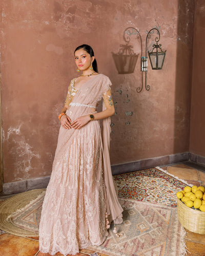 Vintage Rose Lehenga With Zardosi Waist Belt by The Little Black Bow