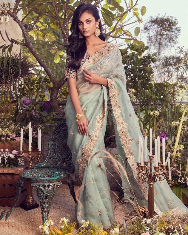 Blue Floral And Zardozi Embroidered Sari With Blouse by Prisho