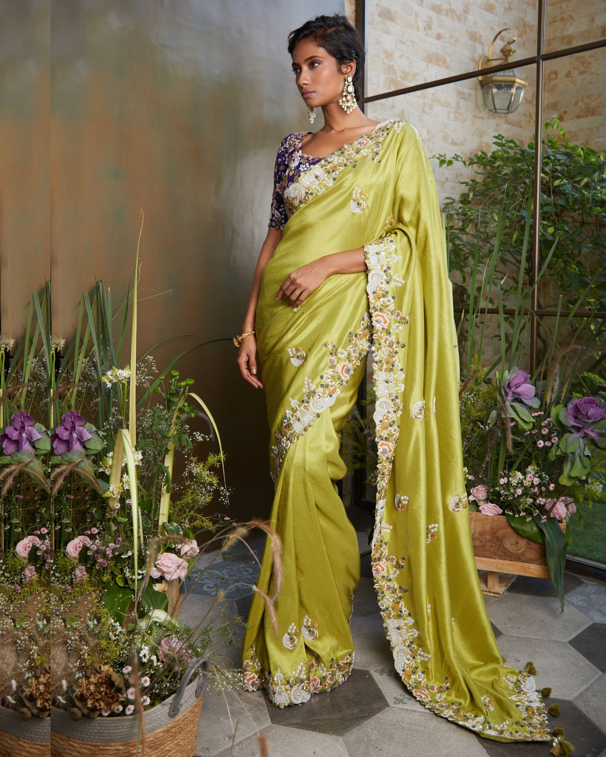 Green African Silk Border Embroidered Sari With Blouse by Prisho