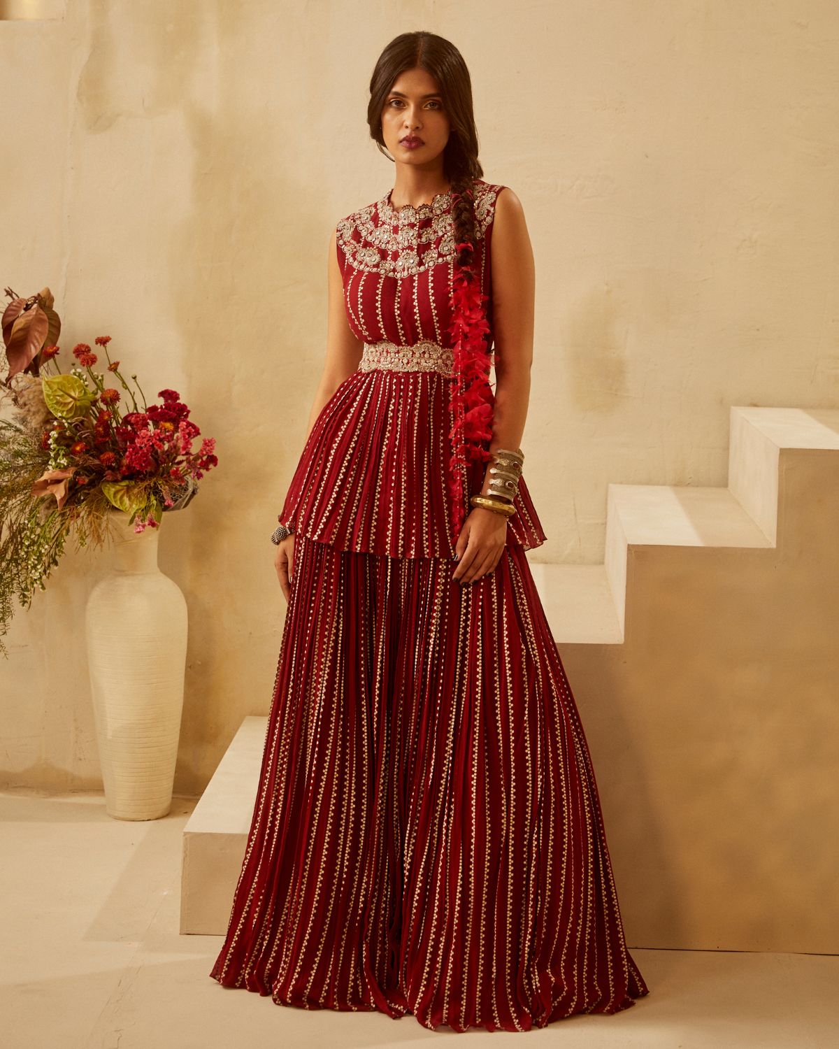 Red Peplum & Skirt Set by Bhumika Sharma