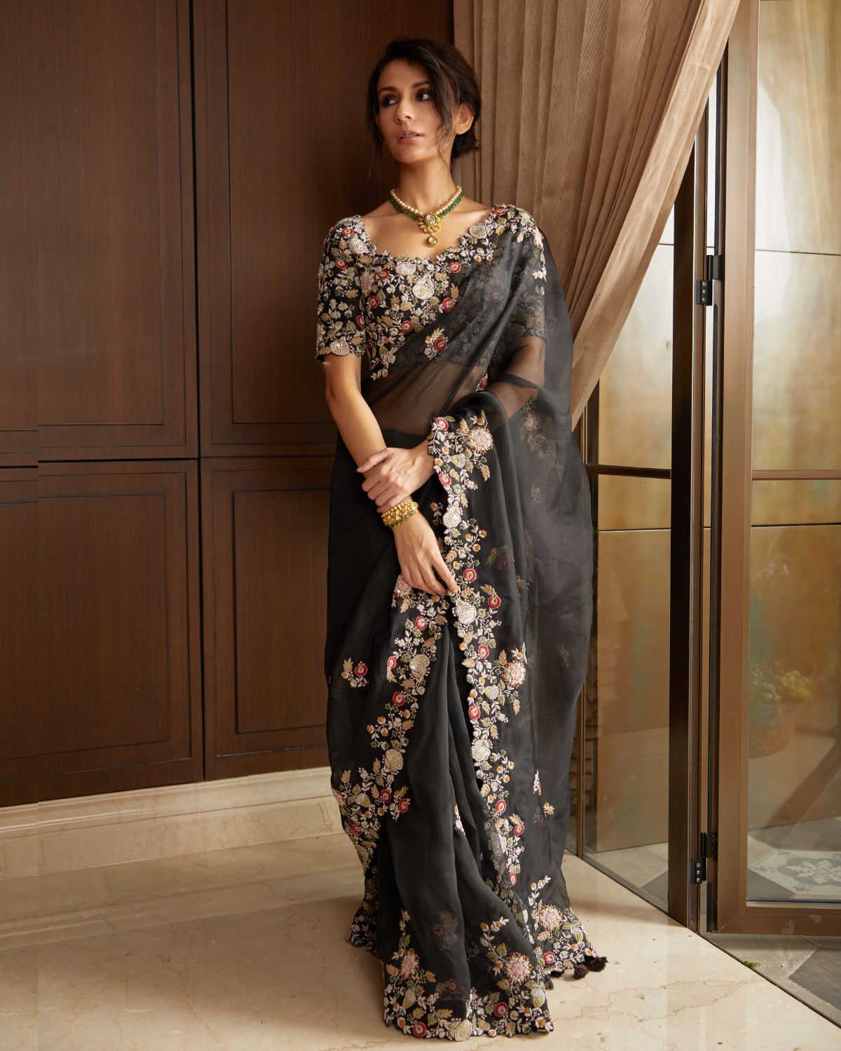 Black Floral Border Embroidered Sari With Blouse by Prisho