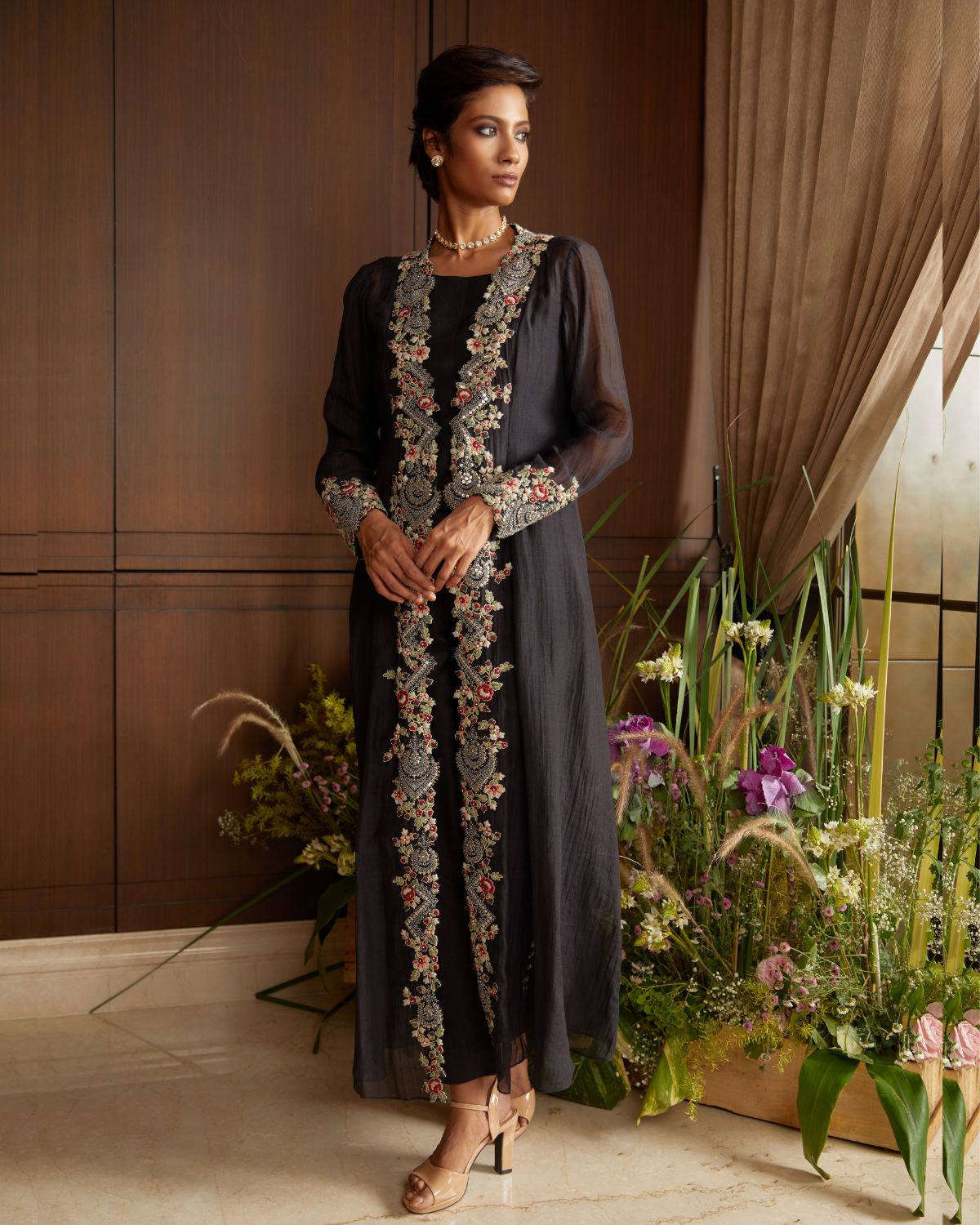 Black Floral Embroidered Jacket And Sharara Set by Prisho