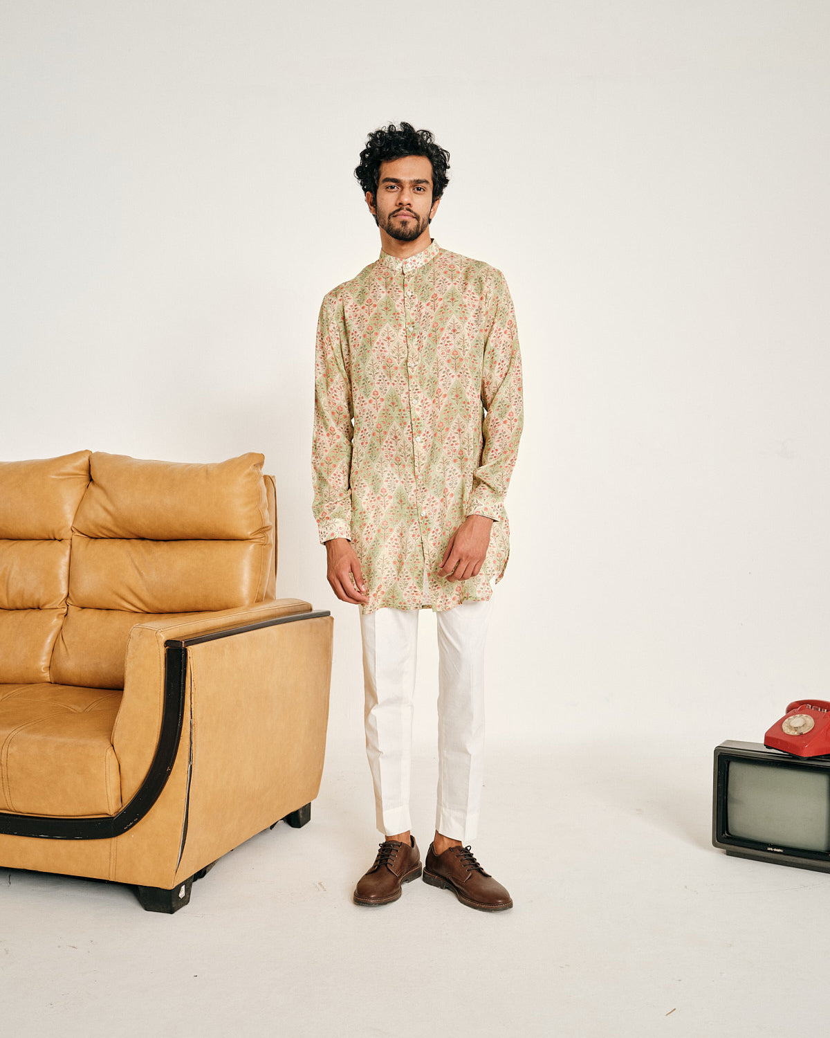Cream and Green Gul Malai Cotton Kurta Pajama Set