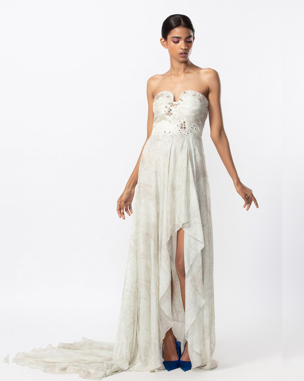 Ivory Satin & Chiffon Hand Embroidered Gown