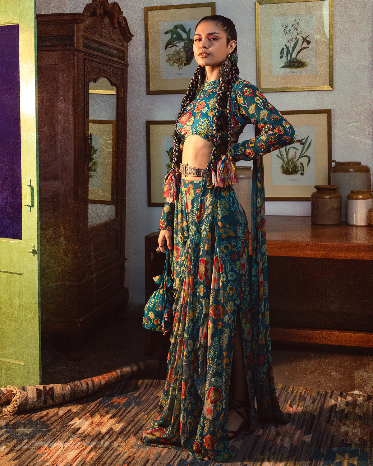 Teal Blue Jaal & Floral Pant Sari