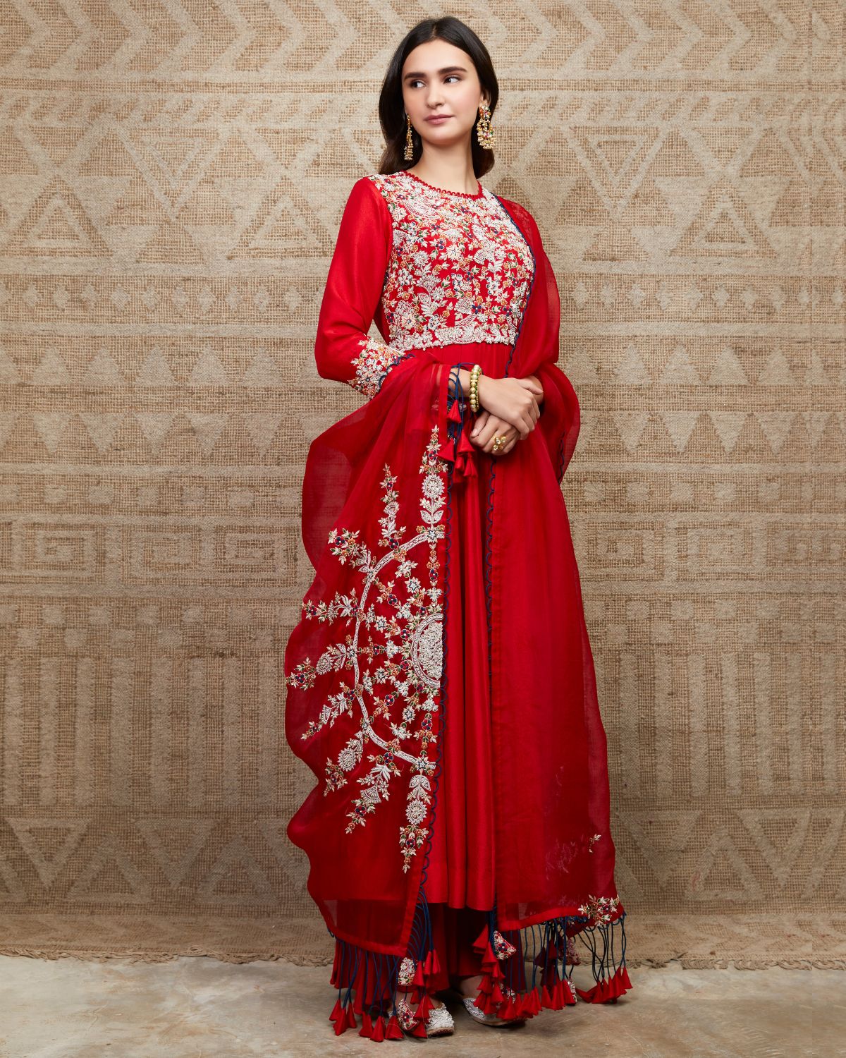 Red Embroidered Anarkali Set by Prisho