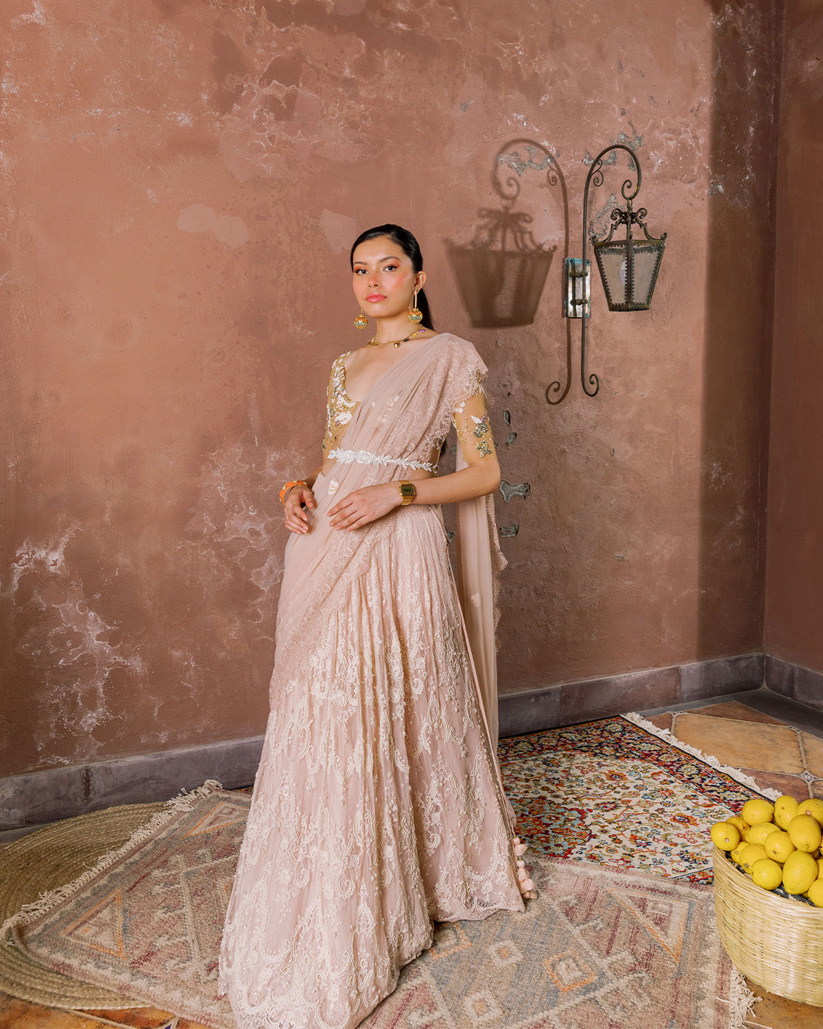 Vintage Rose Lehenga With Zardosi Waist Belt by The Little Black Bow