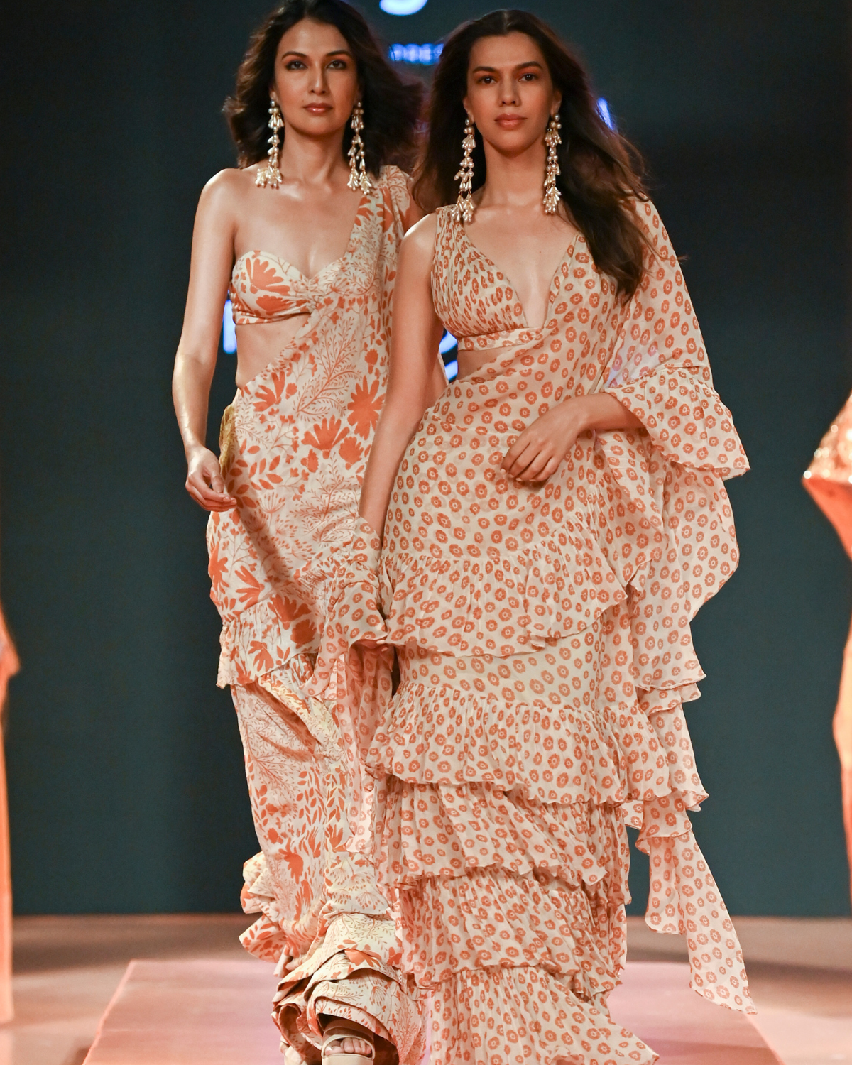Sand & Toasted Orange Butti Print Ruffle Sari Set